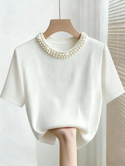 INAWLY Elegant Fitted Round Neck Beaded Ribbed Short Sleeve Plus Size T-Shirt For Women