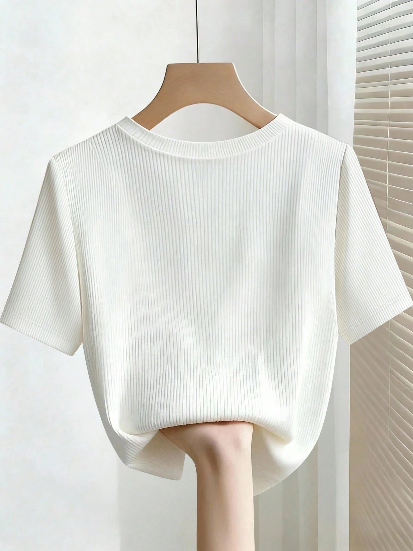 INAWLY Elegant Fitted Round Neck Beaded Ribbed Short Sleeve Plus Size T-Shirt For Women