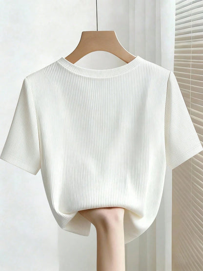 INAWLY Elegant Fitted Round Neck Beaded Ribbed Short Sleeve Plus Size T-Shirt For Women
