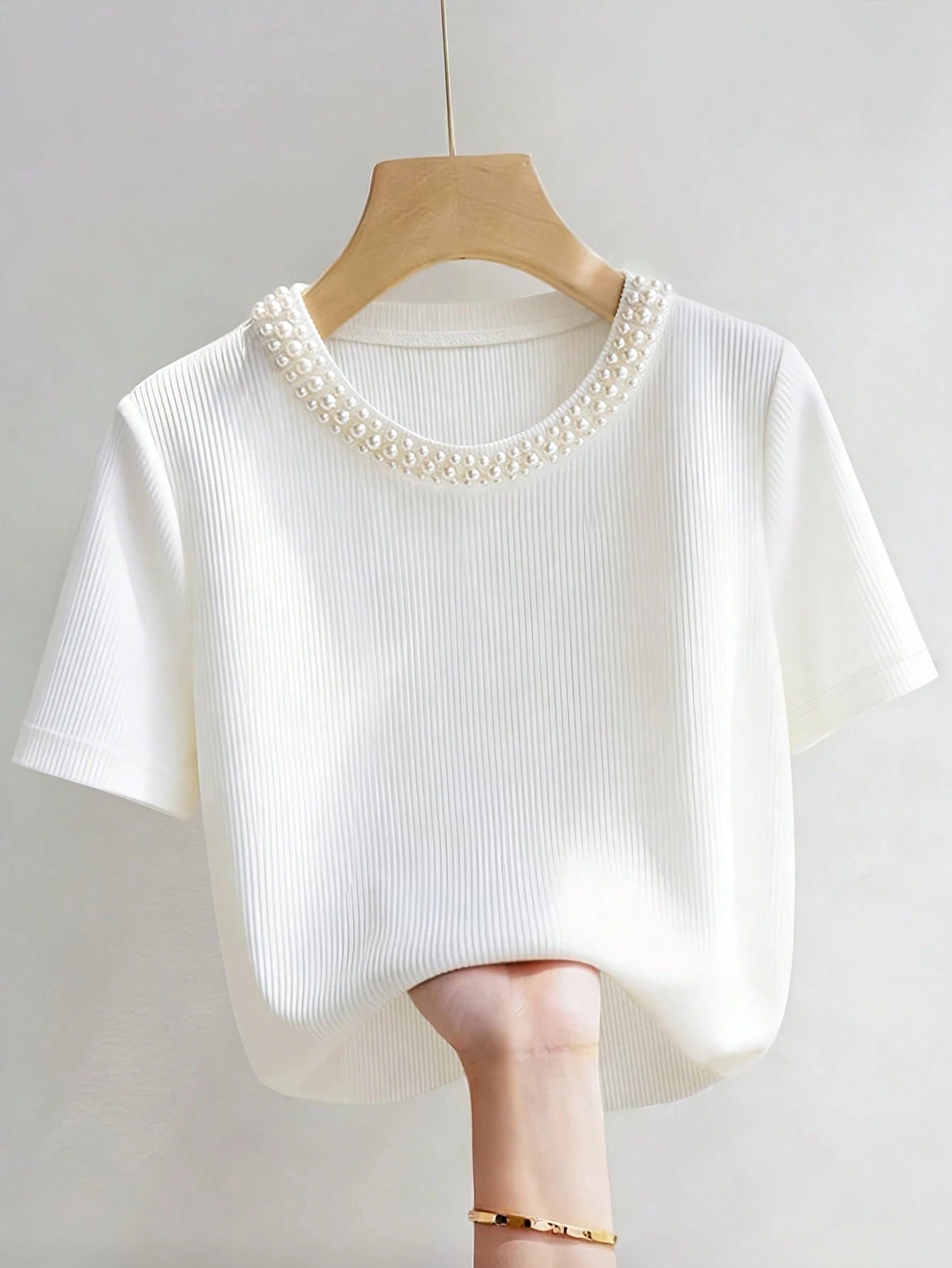 INAWLY Elegant Fitted Round Neck Beaded Ribbed Short Sleeve Plus Size T-Shirt For Women