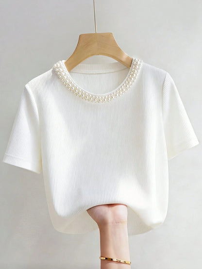 INAWLY Elegant Fitted Round Neck Beaded Ribbed Short Sleeve Plus Size T-Shirt For Women