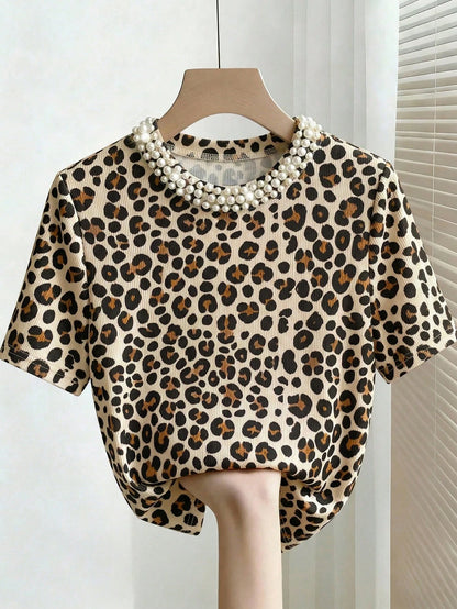 INAWLY Elegant Fitted Round Neck Beaded Ribbed Short Sleeve Plus Size T-Shirt For Women