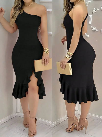 INAWLY Fitted Sexy Elegant Asymmetric Shoulder Ruffle Hem Slit Mid-Calf Dress For Women