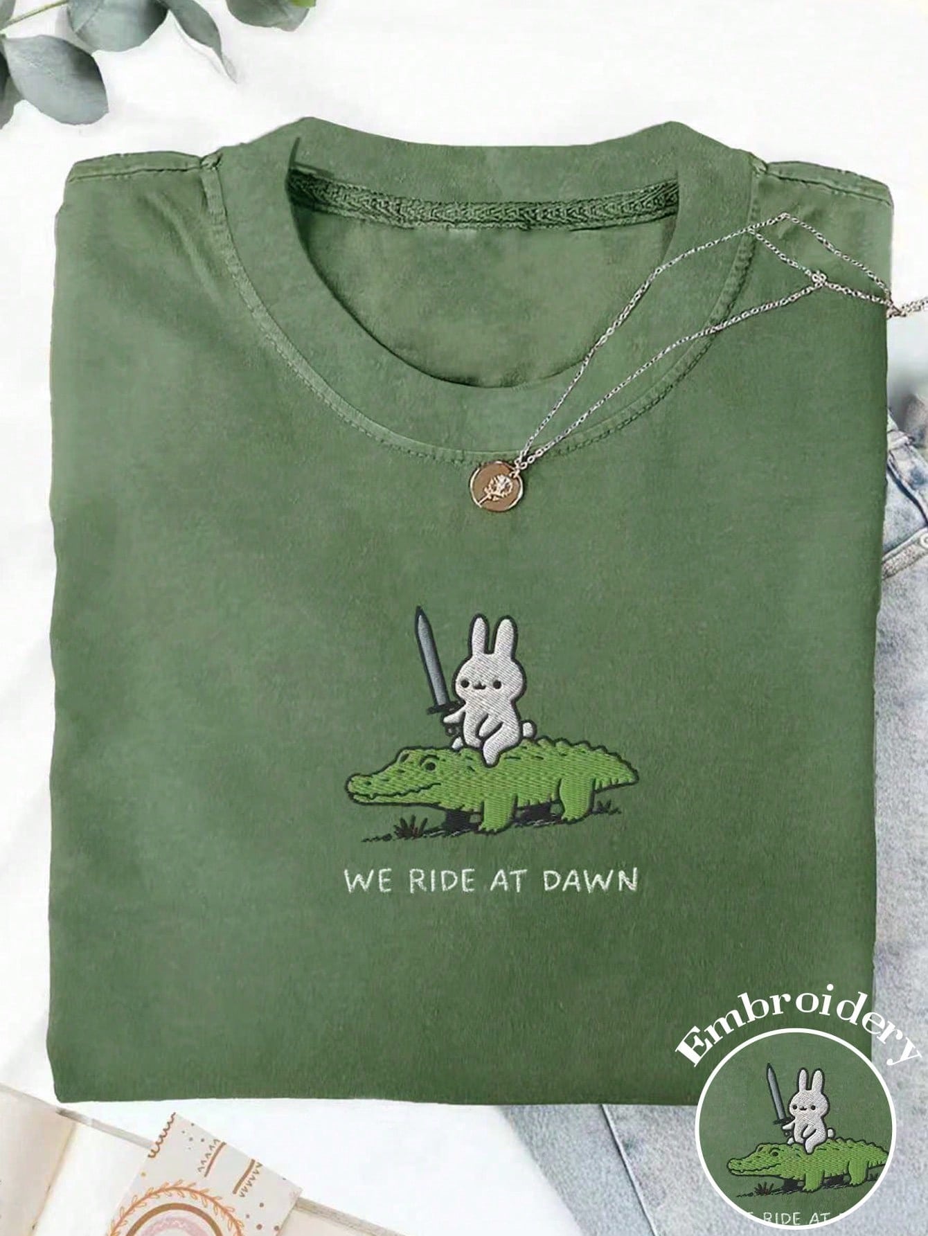 INAWLY Plus Size Cartoon Embroidery Plus Size Drop Shoulder Short Sleeve T-Shirt