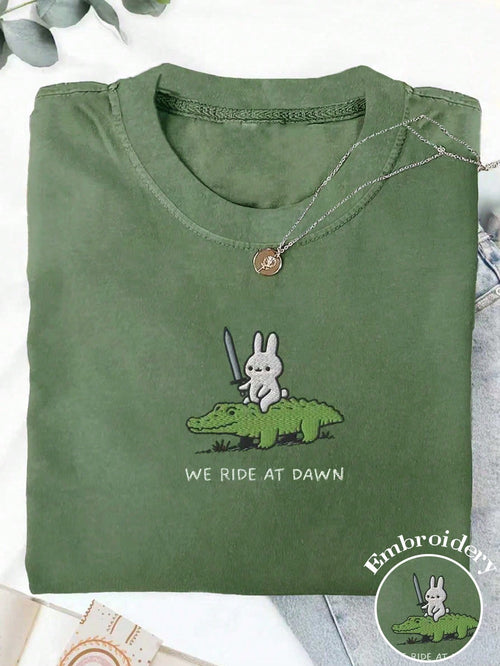 INAWLY Plus Size Cartoon Embroidery Plus Size Drop Shoulder Short Sleeve T-Shirt