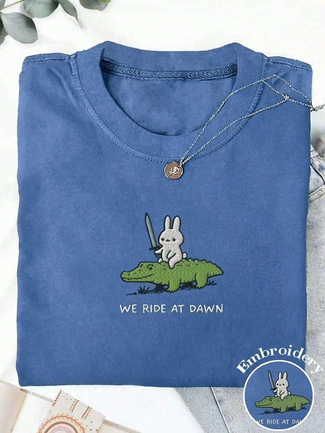 INAWLY Plus Size Cartoon Embroidery Plus Size Drop Shoulder Short Sleeve T-Shirt
