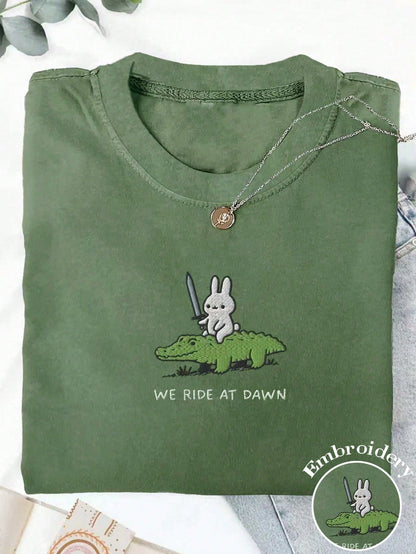INAWLY Plus Size Cartoon Embroidery Plus Size Drop Shoulder Short Sleeve T-Shirt