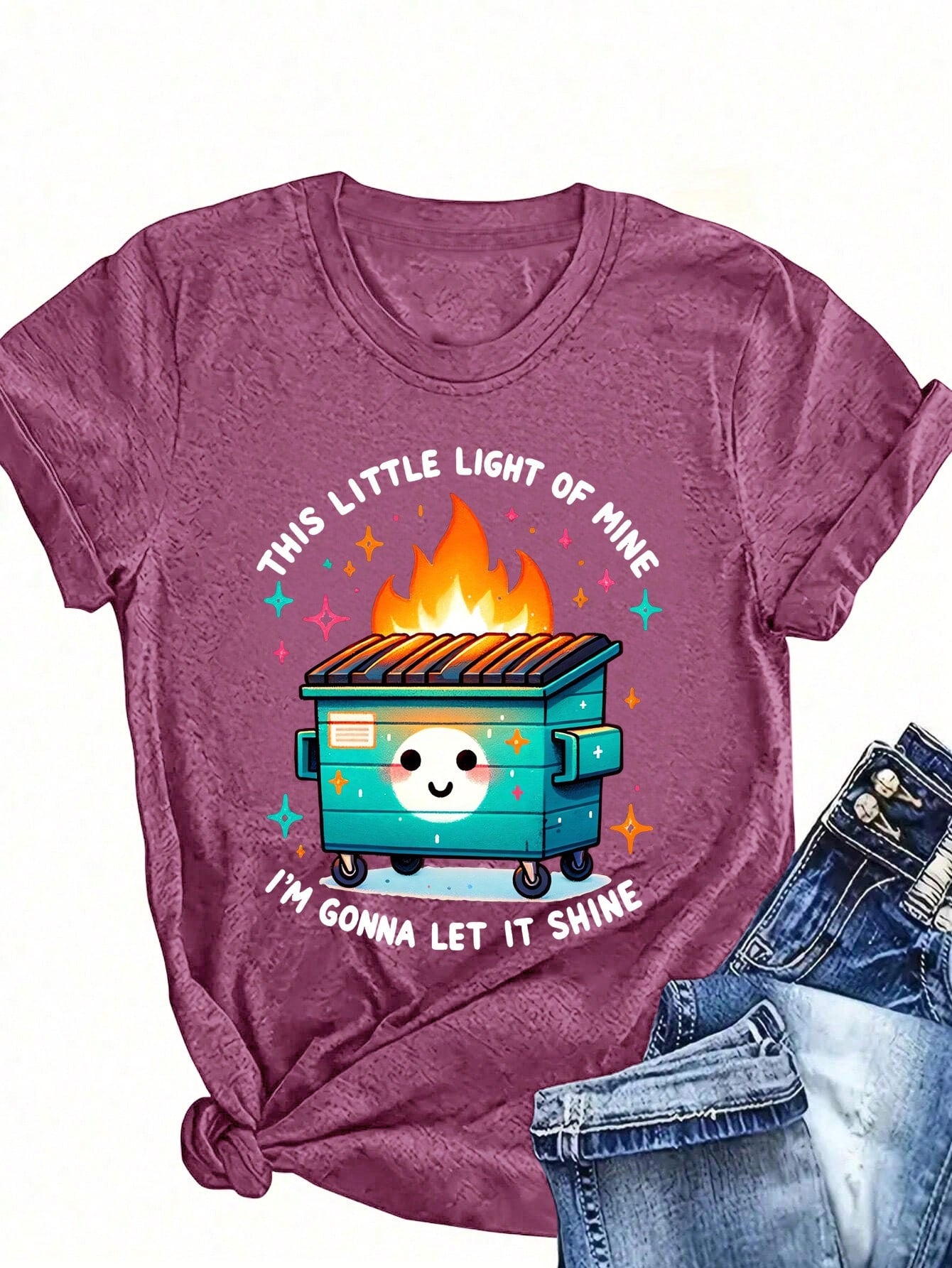 INAWLY Plus Size Cartoon Slogan Print Round Neck Short Sleeve T-Shirt