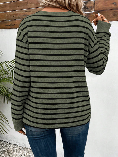 INAWLY Plus Size Casual Round Neck Long Sleeve Striped T-Shirt, Autumn & Winter, For Thanksgiving Fall Cloth For Women