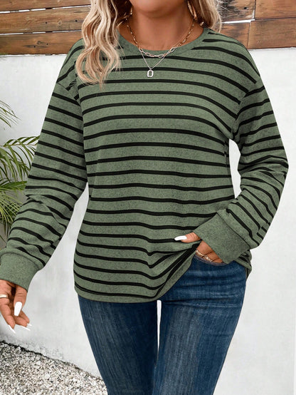 INAWLY Plus Size Casual Round Neck Long Sleeve Striped T-Shirt, Autumn & Winter, For Thanksgiving Fall Cloth For Women