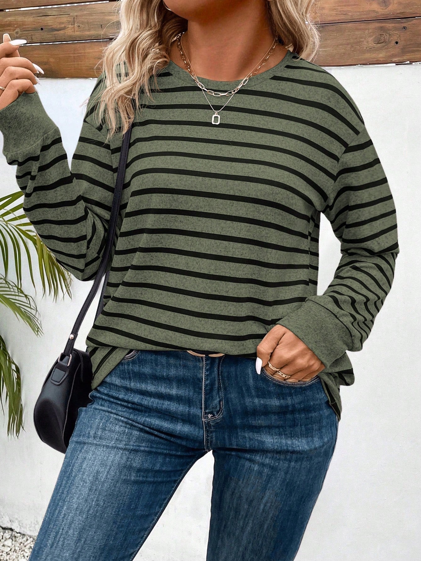 INAWLY Plus Size Casual Round Neck Long Sleeve Striped T-Shirt, Autumn & Winter, For Thanksgiving Fall Cloth For Women
