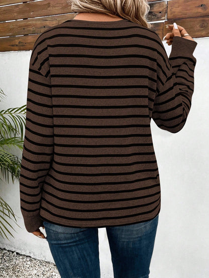 INAWLY Plus Size Casual Round Neck Long Sleeve Striped T-Shirt, Autumn & Winter, For Thanksgiving Fall Cloth For Women
