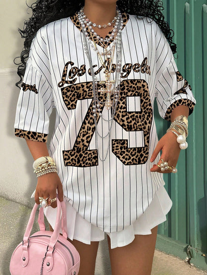 INAWLY Plus Size Casual Striped Leopard Print Alphabet & Numeral Graphic T-Shirt Graphic Cheetah Print Tees Women Tops