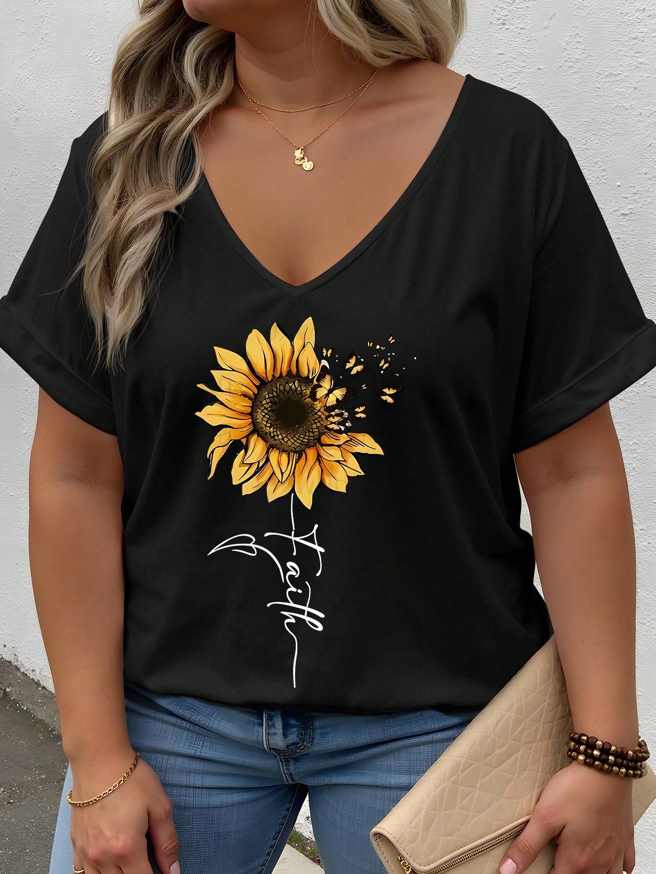 INAWLY Plus Size Daisy & Plant Print V-Neck Short Sleeve T-Shirt, Summer, Country Style Graphic Tees Women Tops