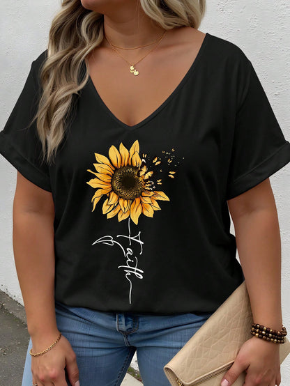 INAWLY Plus Size Daisy & Plant Print V-Neck Short Sleeve T-Shirt, Summer, Country Style Graphic Tees Women Tops
