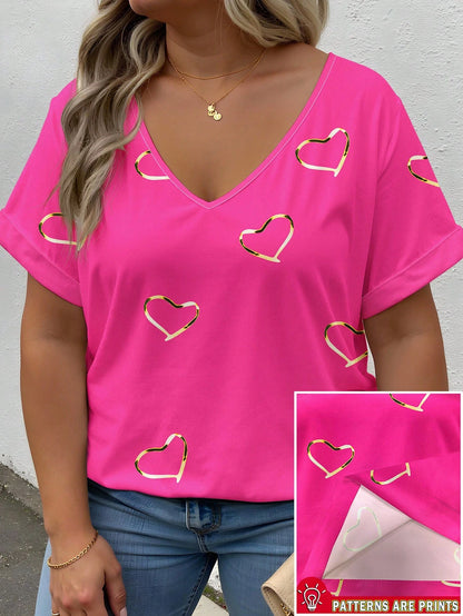 INAWLY Plus Size Daisy & Plant Print V-Neck Short Sleeve T-Shirt, Summer, Country Style Graphic Tees Women Tops