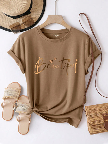 INAWLY Plus Size Letter Printed T-Shirt Graphic Tees Women Tops