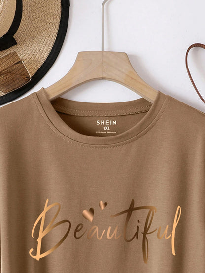 INAWLY Plus Size Letter Printed T-Shirt Graphic Tees Women Tops