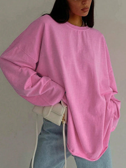 INAWLY Plus Size Solid Color Crew Neck Casual Long Sleeve T-Shirt Fall