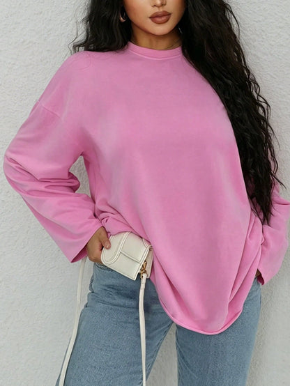 INAWLY Plus Size Solid Color Crew Neck Casual Long Sleeve T-Shirt Fall