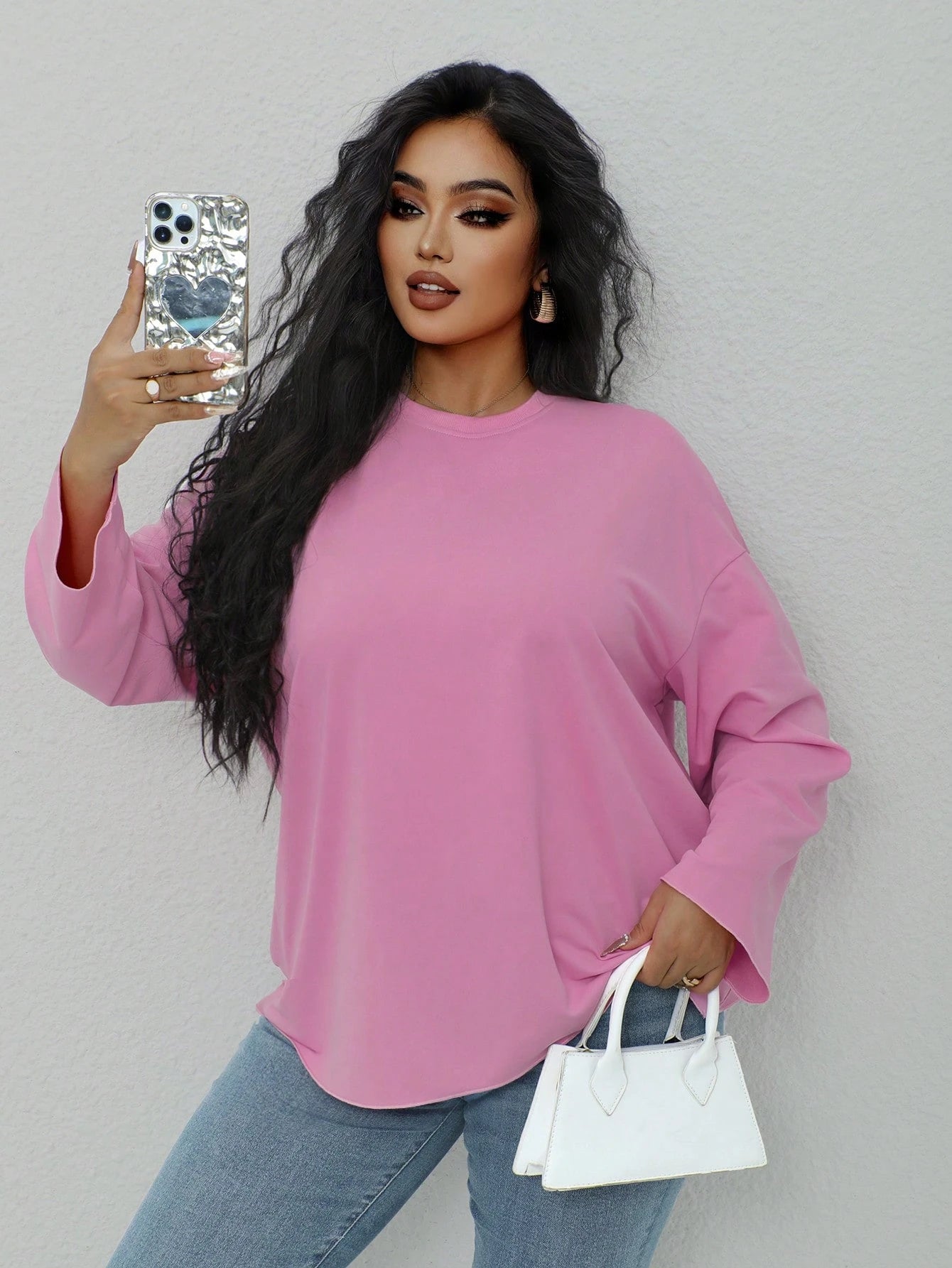 INAWLY Plus Size Solid Color Crew Neck Casual Long Sleeve T-Shirt Fall