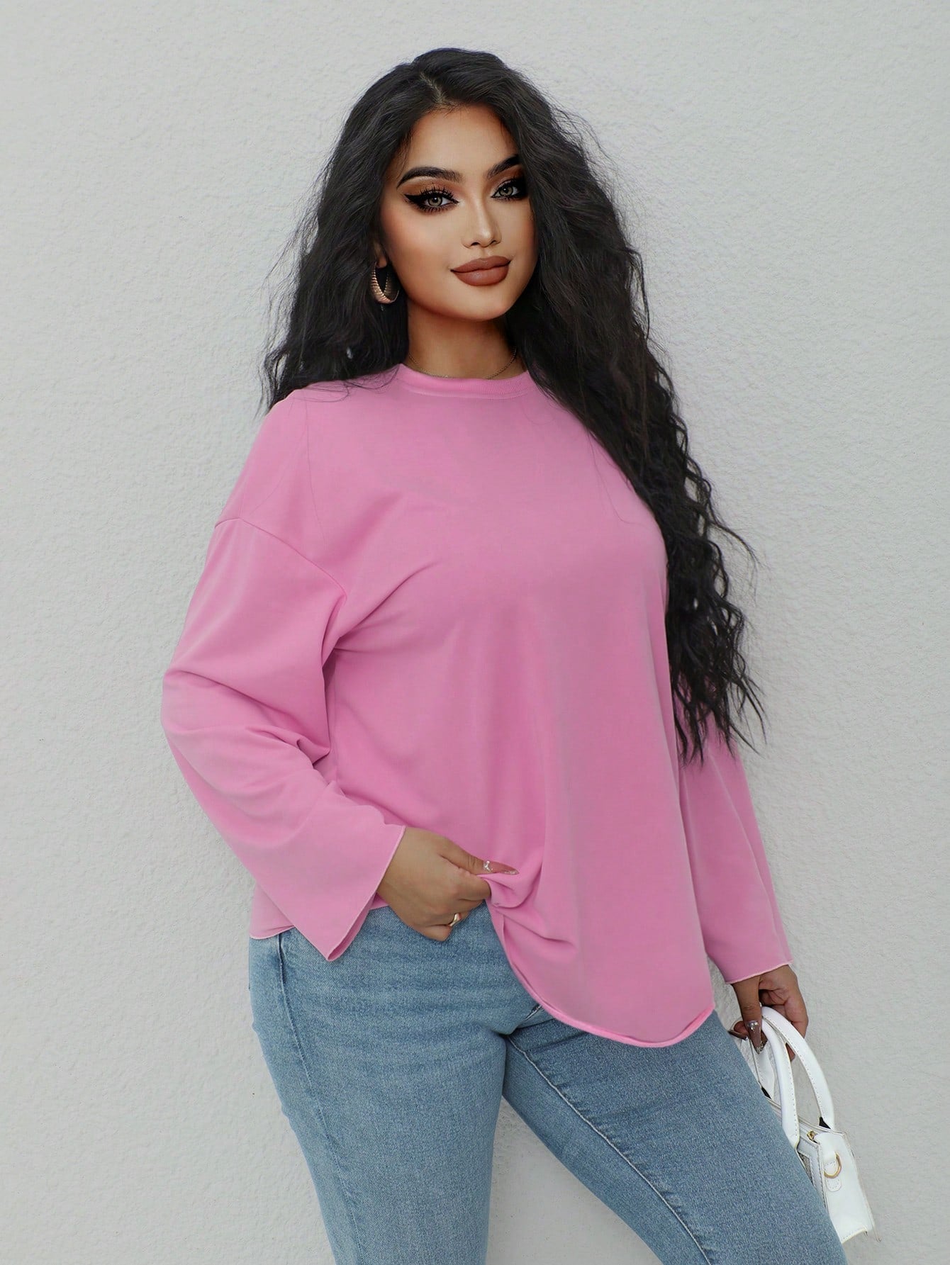 INAWLY Plus Size Solid Color Crew Neck Casual Long Sleeve T-Shirt Fall