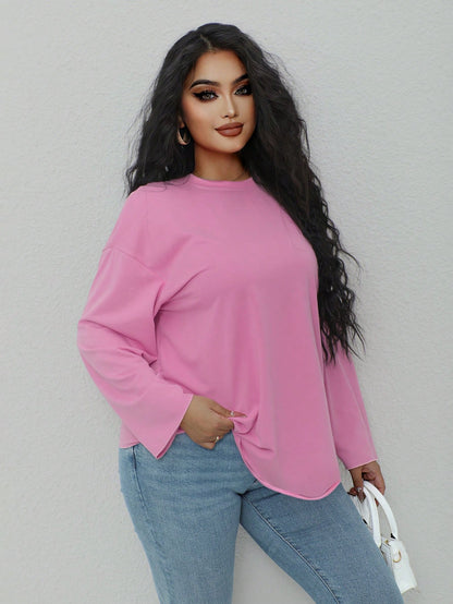 INAWLY Plus Size Solid Color Crew Neck Casual Long Sleeve T-Shirt Fall
