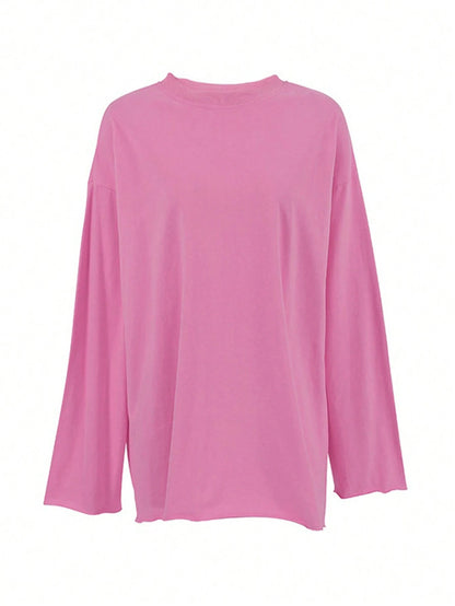 INAWLY Plus Size Solid Color Crew Neck Casual Long Sleeve T-Shirt Fall