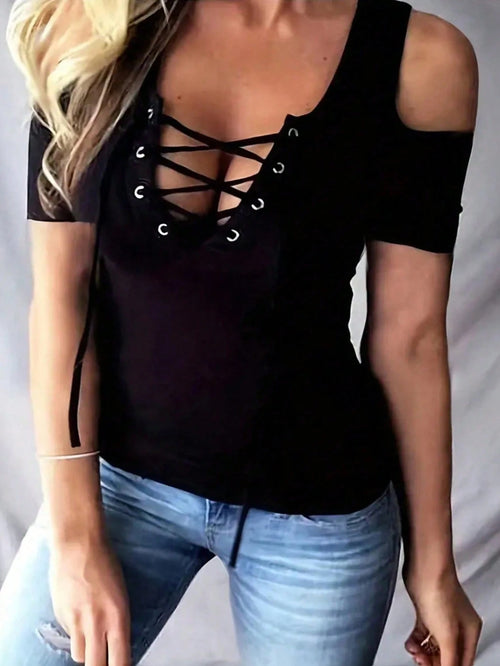 INAWLY Plus Size Solid Color Metal Ring Detail Open Shoulder T-Shirt For Spring And Summer