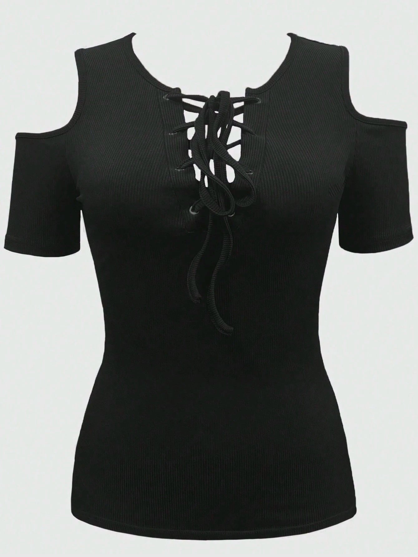 INAWLY Plus Size Solid Color Metal Ring Detail Open Shoulder T-Shirt For Spring And Summer