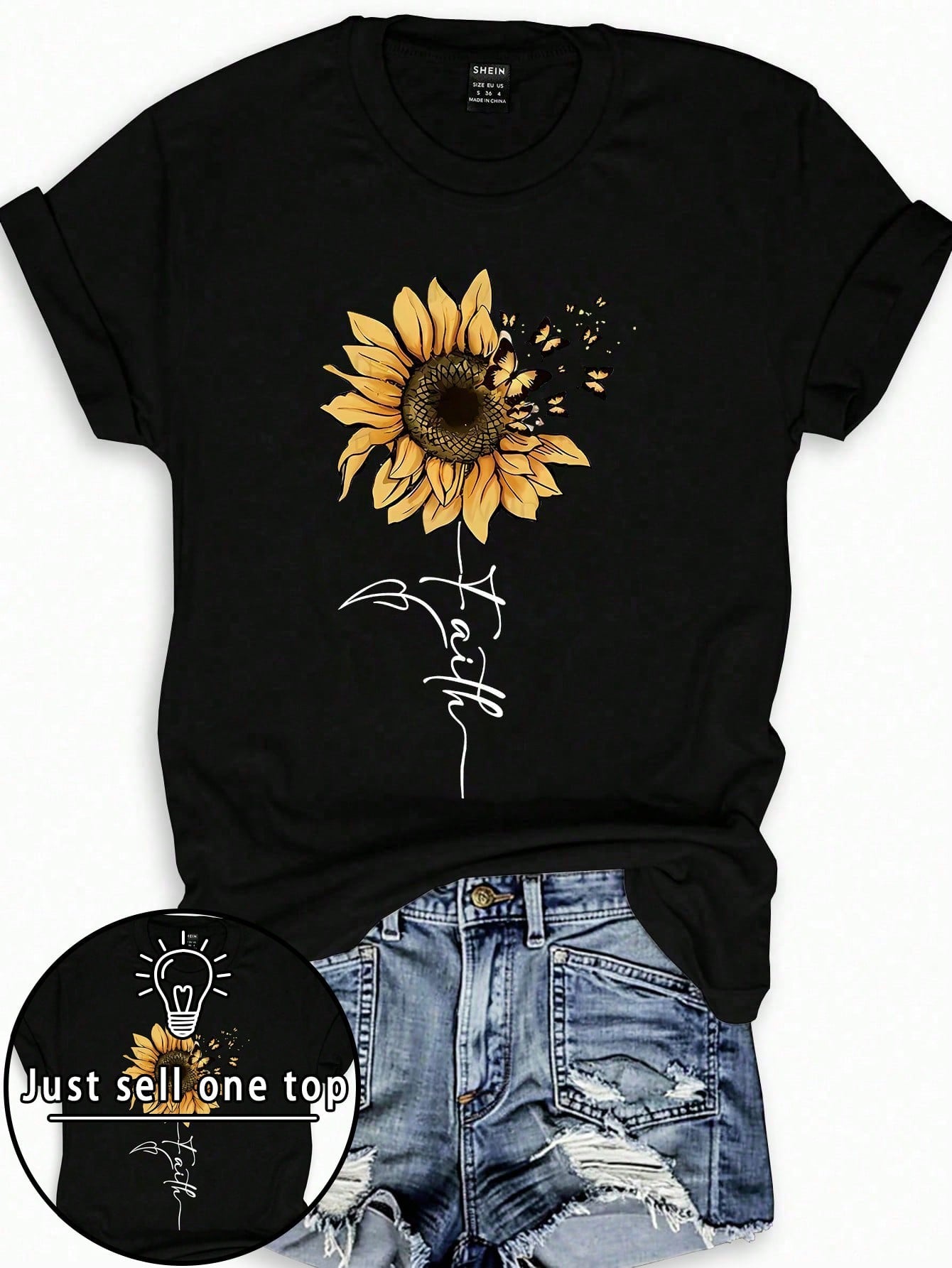 INAWLY Plus Size Sunflower & Butterfly Print Casual T-Shirt Graphic Tees Women Tops