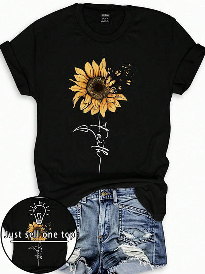 INAWLY Plus Size Sunflower & Butterfly Print Casual T-Shirt Graphic Tees Women Tops