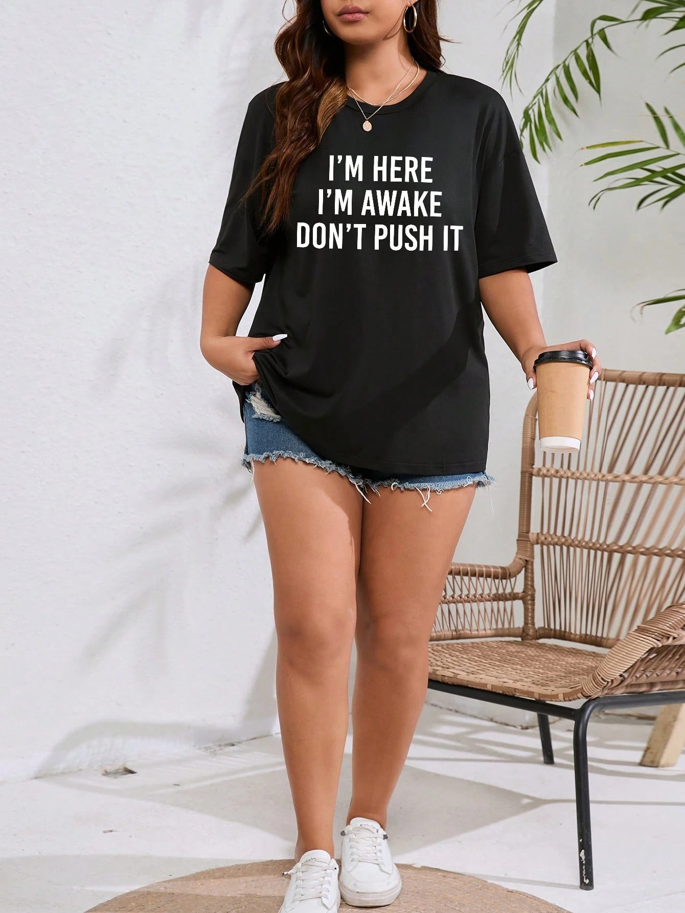 INAWLY Plus Size T-Shirt With Slogan Print, I'M HERE I'M AWAKE DON'T PUSH IT Graphic Tee, Women Summer Top