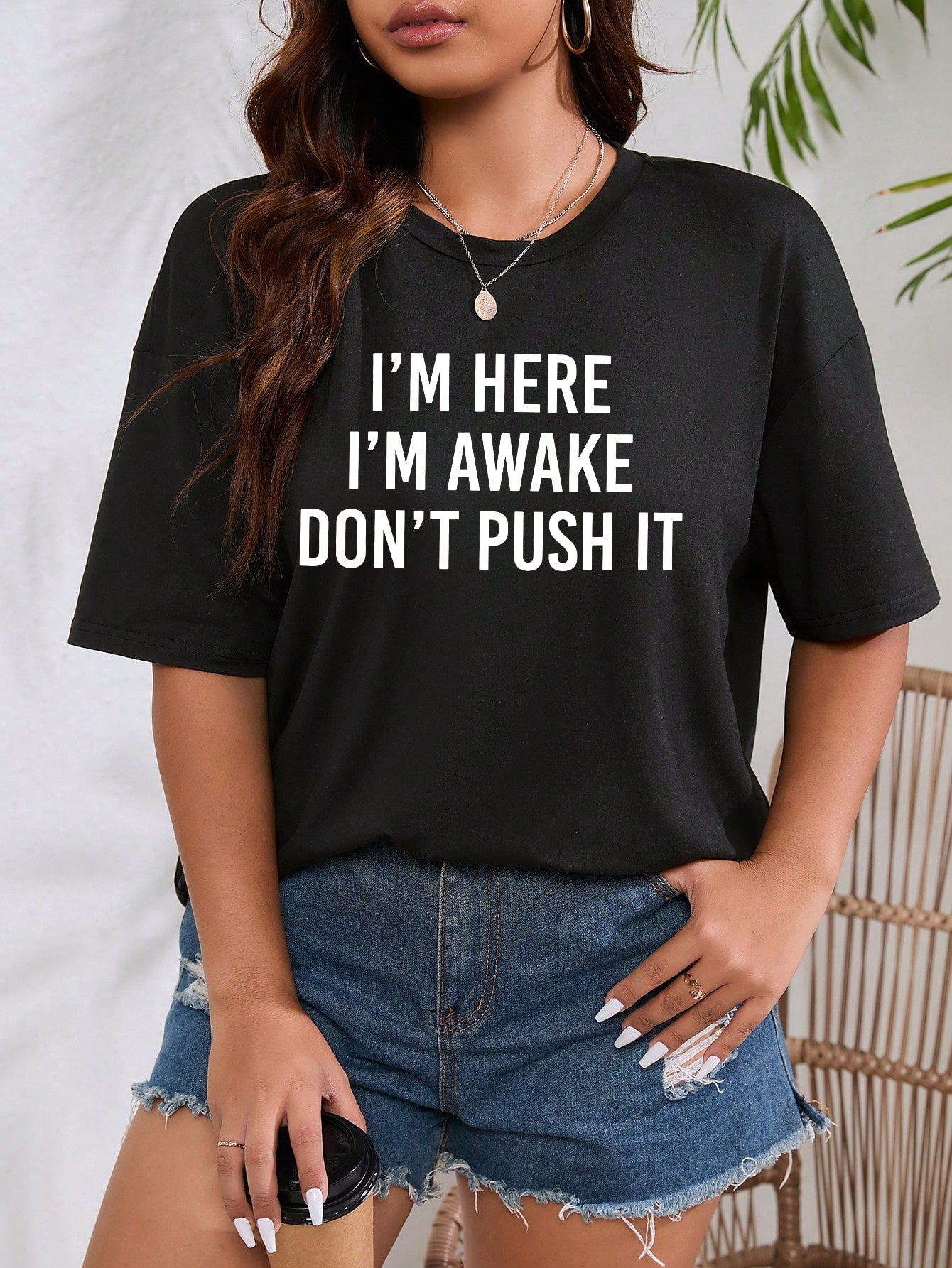 INAWLY Plus Size T-Shirt With Slogan Print, I'M HERE I'M AWAKE DON'T PUSH IT Graphic Tee, Women Summer Top
