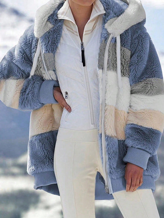 INAWLY Plus Size Women Loose Casual Fluffy Color Block Hooded Jacket, Autumn/Winter Fall