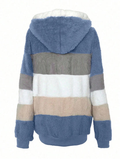 INAWLY Plus Size Women Loose Casual Fluffy Color Block Hooded Jacket, Autumn/Winter Fall