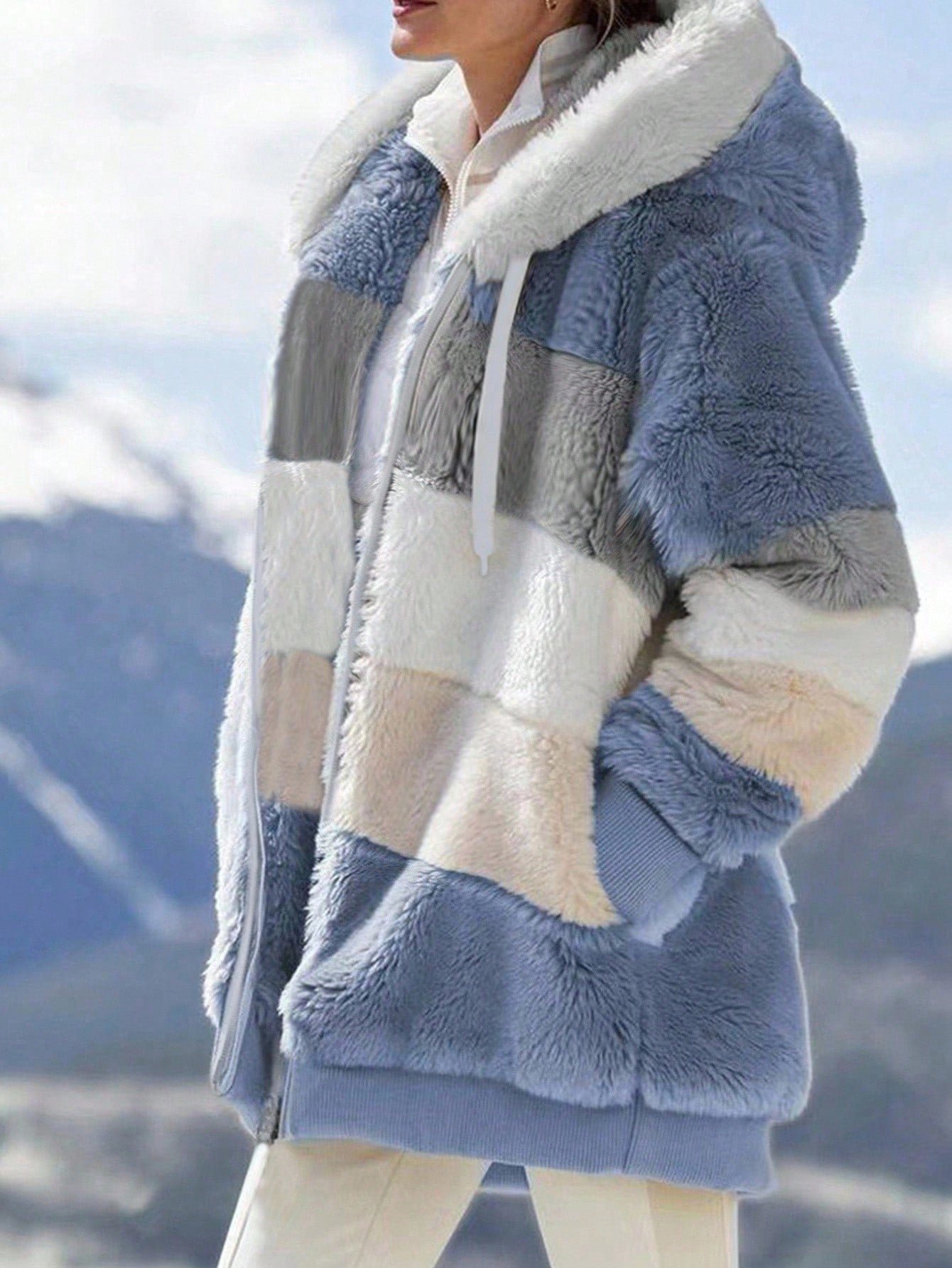 INAWLY Plus Size Women Loose Casual Fluffy Color Block Hooded Jacket, Autumn/Winter Fall