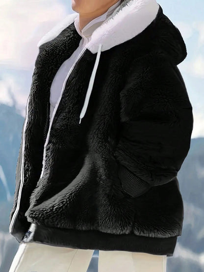 INAWLY Plus Size Women Loose Casual Fluffy Color Block Hooded Jacket, Autumn/Winter Fall