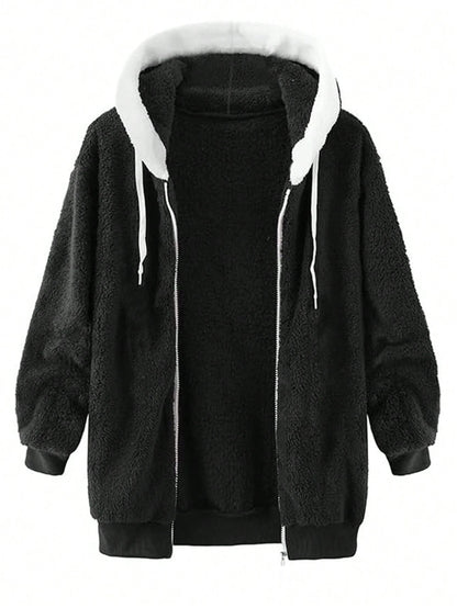 INAWLY Plus Size Women Loose Casual Fluffy Color Block Hooded Jacket, Autumn/Winter Fall