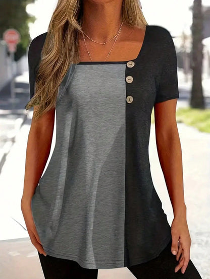 INAWLY Plus Size Women Patchwork Square Neck T-Shirt, Summer Top