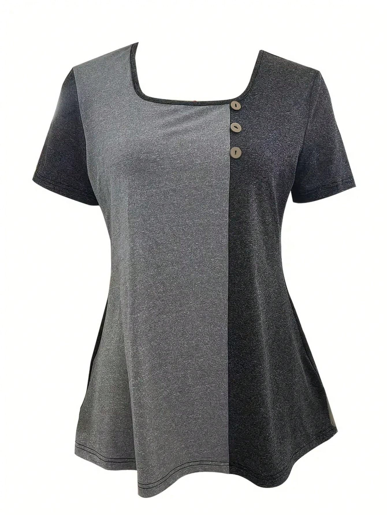 INAWLY Plus Size Women Patchwork Square Neck T-Shirt, Summer Top