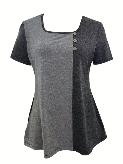 INAWLY Plus Size Women Patchwork Square Neck T-Shirt, Summer Top