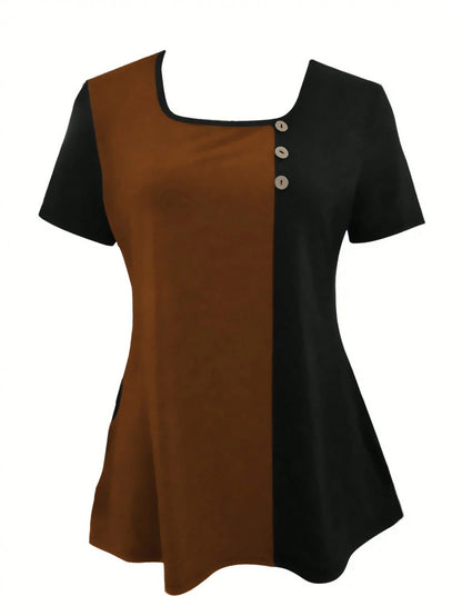 INAWLY Plus Size Women Patchwork Square Neck T-Shirt, Summer Top