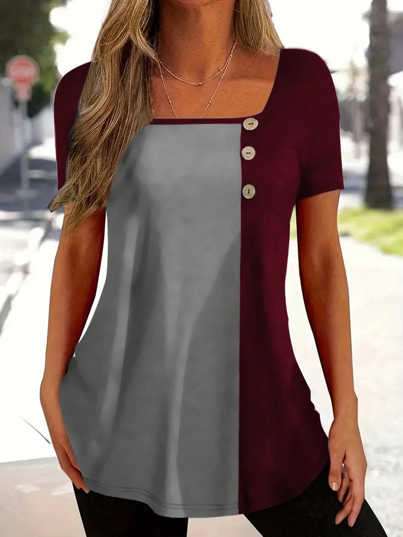 INAWLY Plus Size Women Patchwork Square Neck T-Shirt, Summer Top