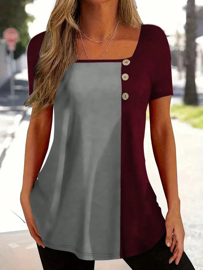 INAWLY Plus Size Women Patchwork Square Neck T-Shirt, Summer Top