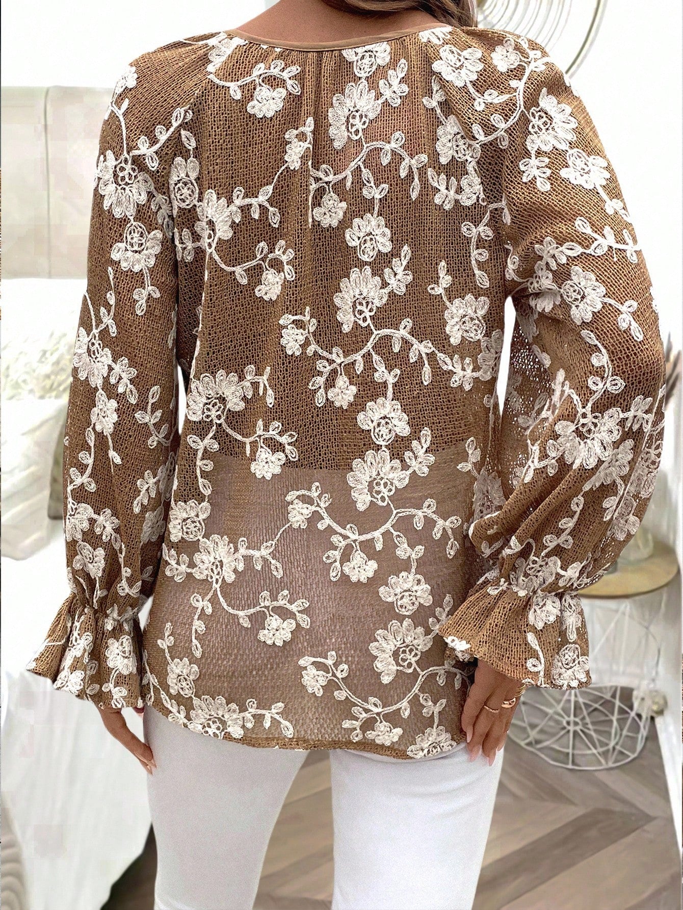INAWLY Plus Size Women's Casual Front Button Jacquard Pattern Tie Waist Shirt Fall