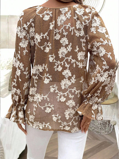 INAWLY Plus Size Women's Casual Front Button Jacquard Pattern Tie Waist Shirt Fall
