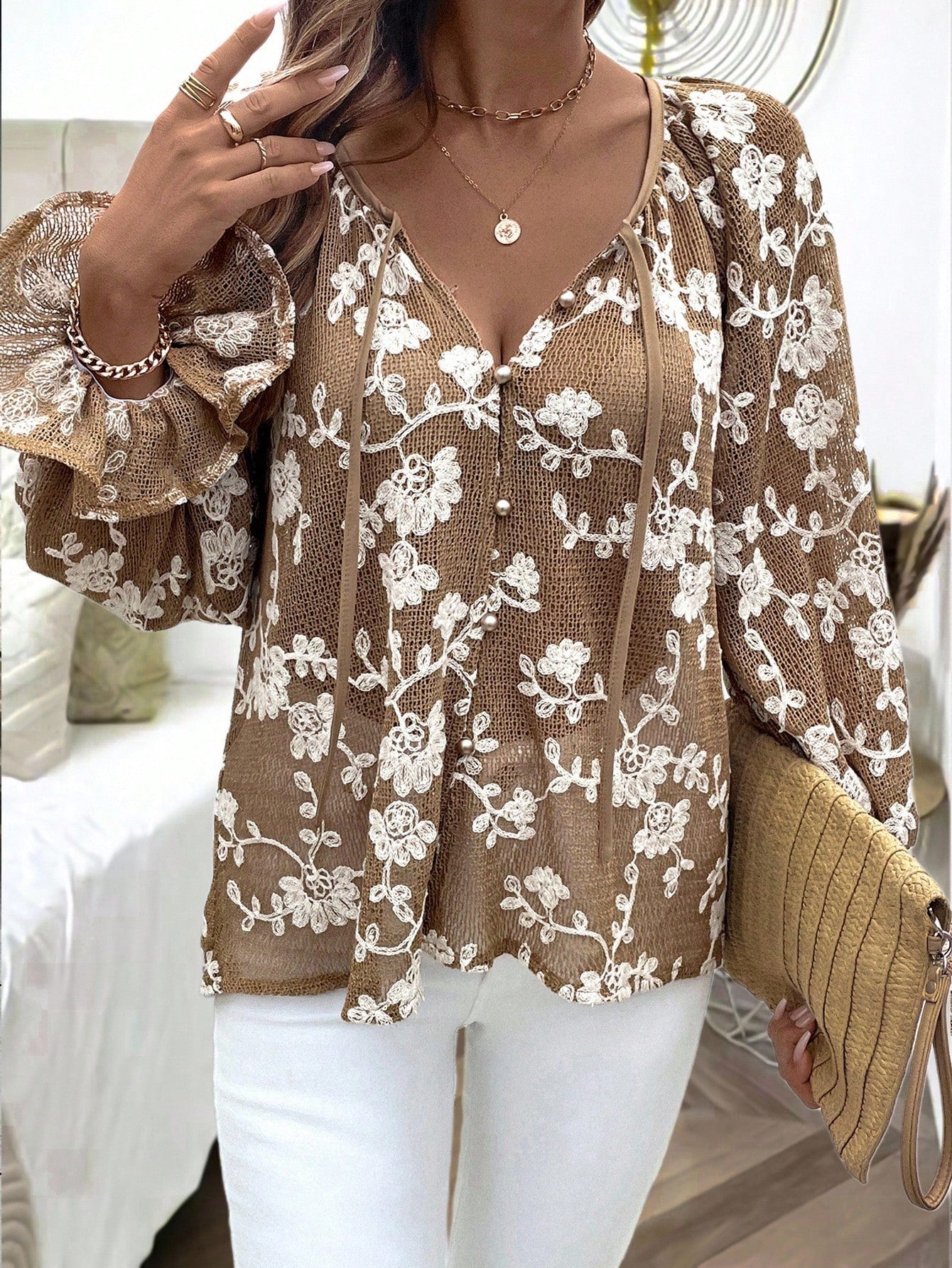 INAWLY Plus Size Women's Casual Front Button Jacquard Pattern Tie Waist Shirt Fall