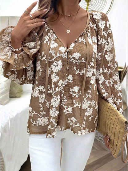 INAWLY Plus Size Women's Casual Front Button Jacquard Pattern Tie Waist Shirt Fall