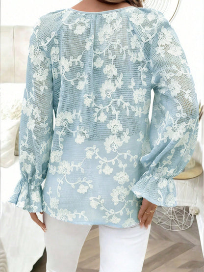 INAWLY Plus Size Women's Casual Front Button Jacquard Pattern Tie Waist Shirt Fall